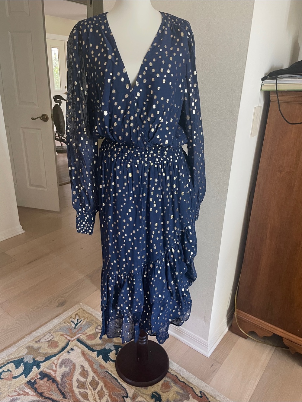Lilly Pulitzer Navy Blue Long Sleeve Metallic Dot Wrap Midi Dress